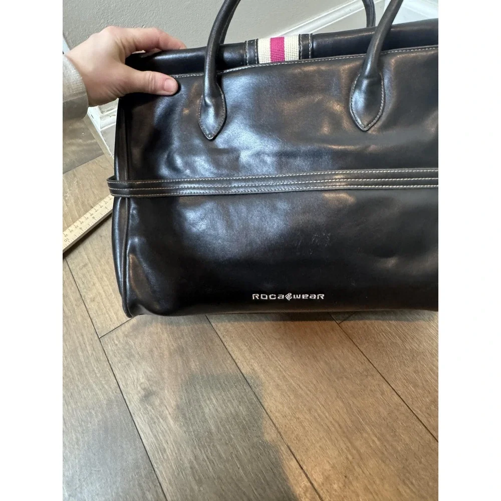Rocawear Satchel Bag Womens Large Black Faux Leather Stripe Pink Lining Logo Y2K